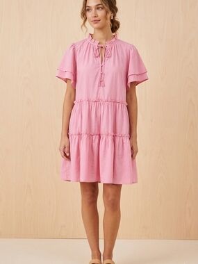 "Umgee Pink Tiered Babydoll Mini Dress Ruffle Neck Style C3748 Size S